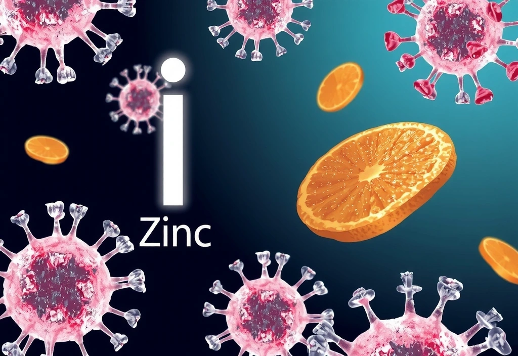 Ilustracja przedstawiająca mikroelement cynk symbolizowany przez małe, błyszczące cząsteczki otoczone ludzkimi komórkami odpornościowymi, podkreślająca jego rolę w odporności.