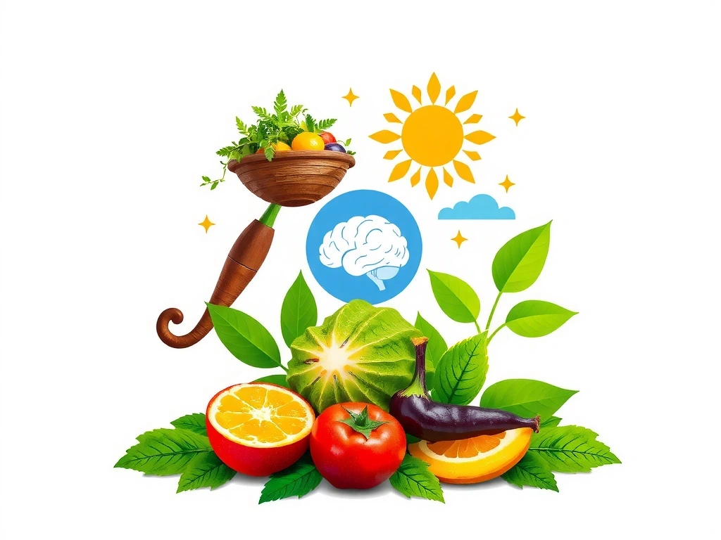 Dynamiczna ilustracja przedstawiająca holistyczne podejście do zdrowia, łącząca elementy diety, aktywności fizycznej, równowagi psychicznej i natury, tworząc spójną całość.