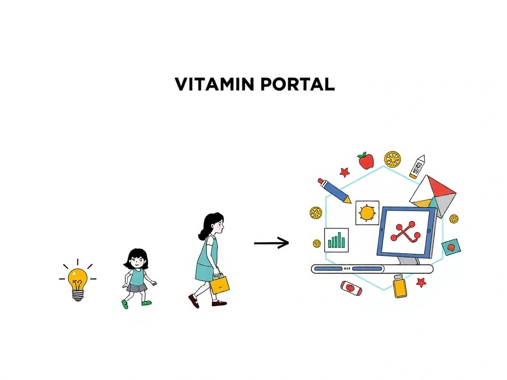 Rysunek przedstawiający ewolucję i rozwój portalu o witaminach, od pomysłu do globalnej platformy edukacyjnej, symbolizujący wzrost i innowacje.