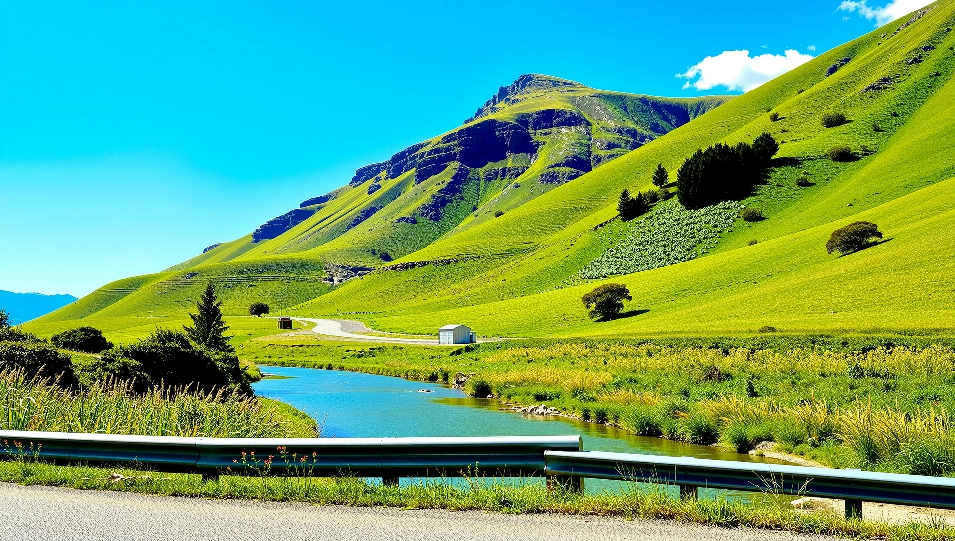 Dynamiczny krajobraz z zielonymi wzgórzami i czystym niebem symbolizujący zdrowie i witalność