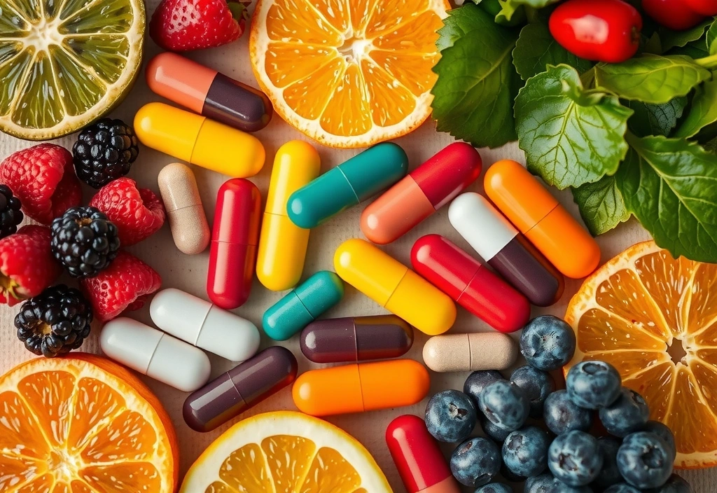 Kompozycja witamin i minerałów w kolorowych kapsułkach i świeżych owocach