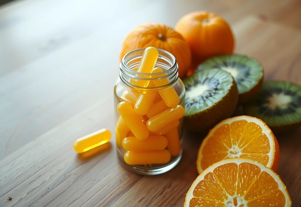 Suplementy witaminy C w kapsułkach na tle owoców