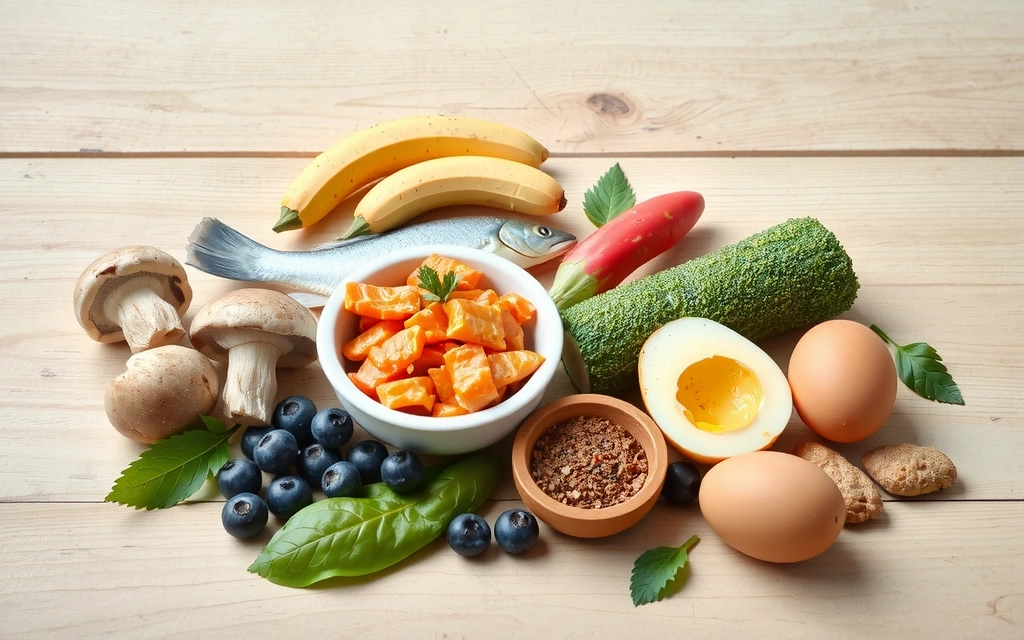 Różnorodne produkty spożywcze bogate w witaminę D, takie jak ryby, grzyby i jajka