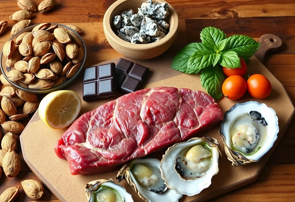 Assortment of zinc-rich foods like pumpkin seeds, red meat, and oysters