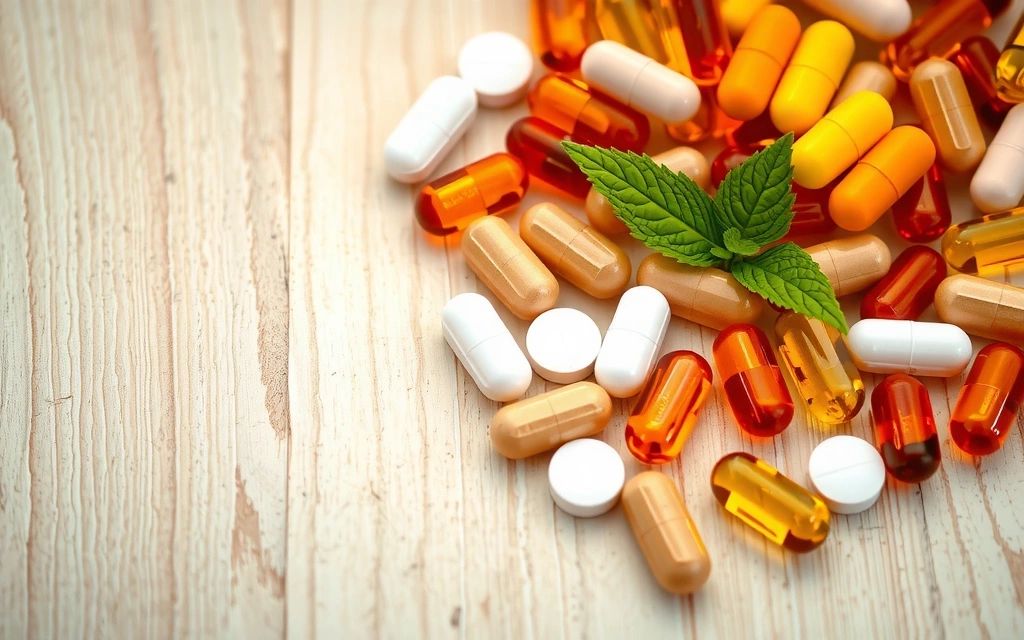 Tablets and capsules of various vitamins and minerals on a wooden surface with green leaves