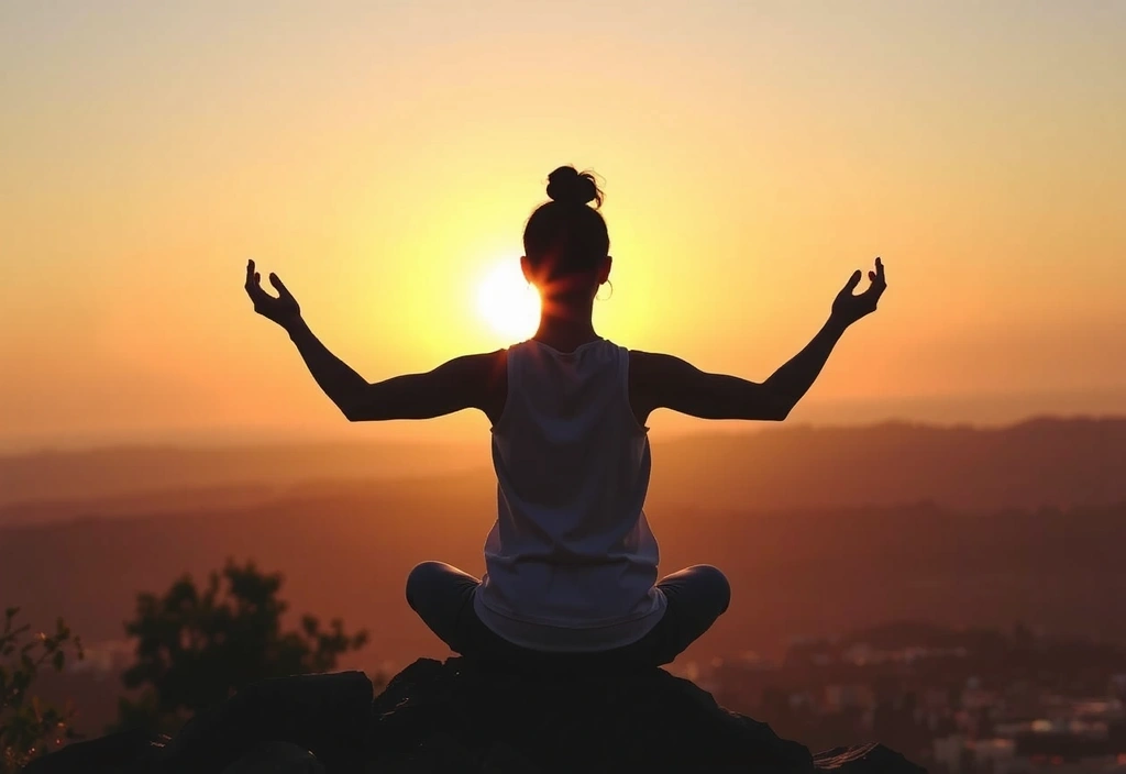 Spokojna osoba medytująca w pozycji lotosu na tle zachodzącego słońca, symbolizująca relaks i redukcję stresu.
